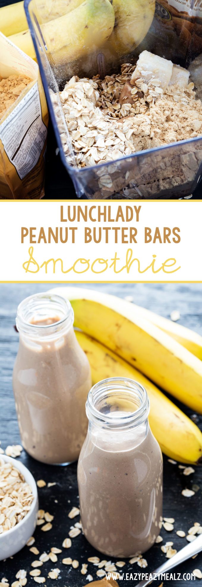 Lunch lady peanut butter bars in a new smoothie form. Delicious, easy, and full of protein. Dairy free too!
