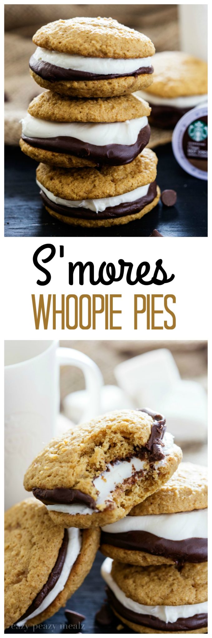 S'mores Whoopie Pies is a graham cracker cake cookie with chocolate ganache and a tasty marshmallow buttercream, that perfectly compliments the new Starbucks® Hot Cocoa K-Cup® pods.