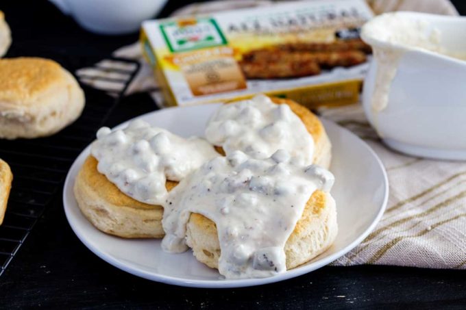 Biscuits and chicken sausage gravy, a hearty meal, a simple breakfast 