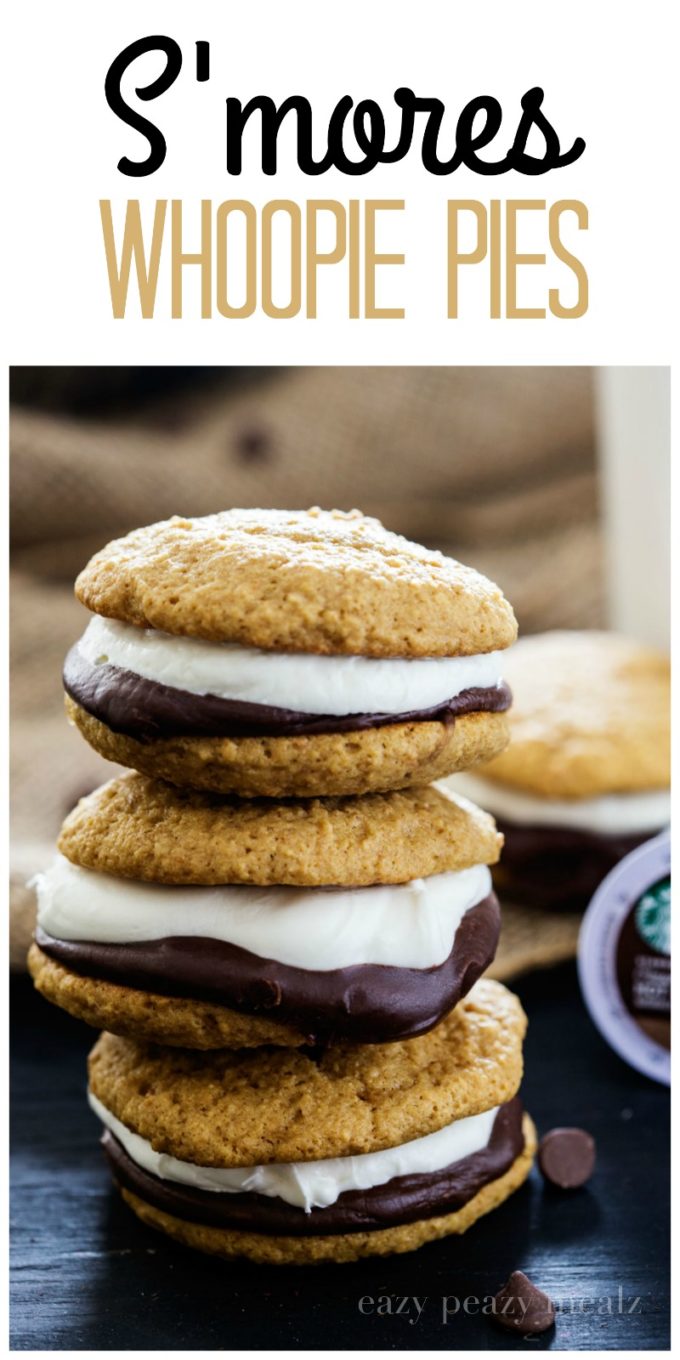 S'mores Whoopie Pie: Graham cracker cake cookies with chocolate ganache and a tasty marshmallow buttercream, that perfectly compliments the new Starbucks® Hot Cocoa K-Cup® pods.