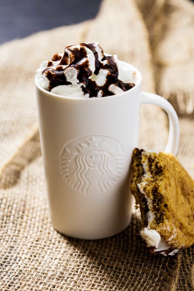 S'mores Whoopie Pies and Cocoa: Cocao with a graham cracker cake cookie with chocolate ganache and a tasty marshmallow buttercream, that perfectly compliments the new Starbucks® Hot Cocoa K-Cup® pods.