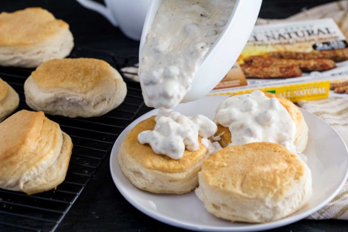 biscuits and chicken sausage gravy, a classic breakfast, a hearty meal 