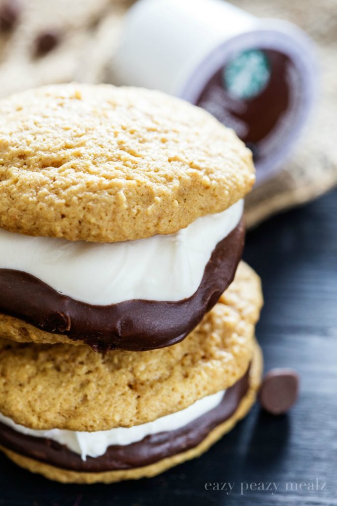 How to Make Whoopie Pies, a graham cracker cake cookie with chocolate ganache and a tasty marshmallow buttercream, that perfectly compliments the new Starbucks® Hot Cocoa K-Cup® pods.