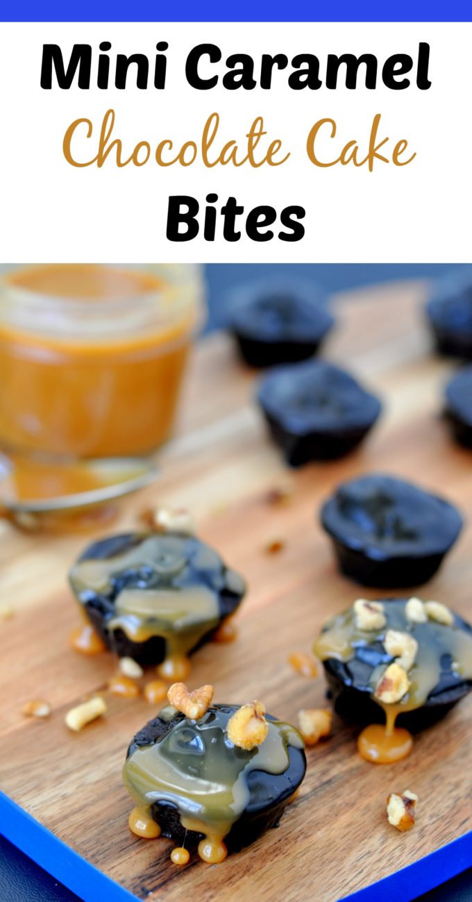 mini caramel chocolate cake bites, a delicious bite sized dessert 