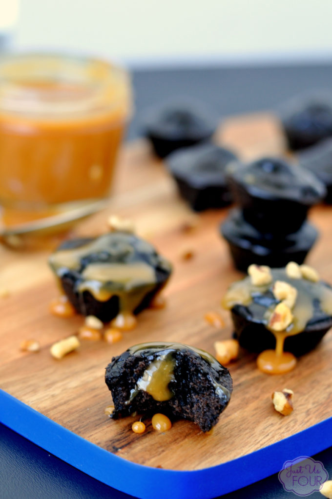mini caramel and chocolate cake bites, rich and creamy bite sized dessert