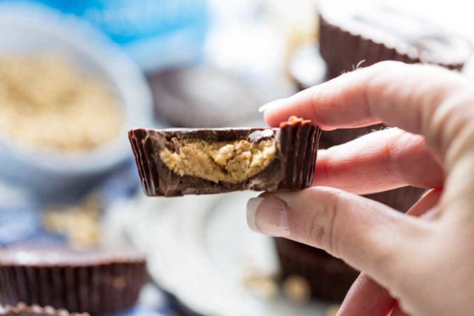 Rich dark chocolate, creamy peanut butter filling, and a healthy serving of protein per peanut butter cup