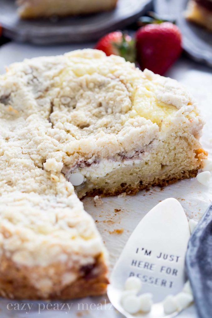 a slice of coffee cake, white chocolate strawberry coffee cake, makes the best breakfast or dessert 