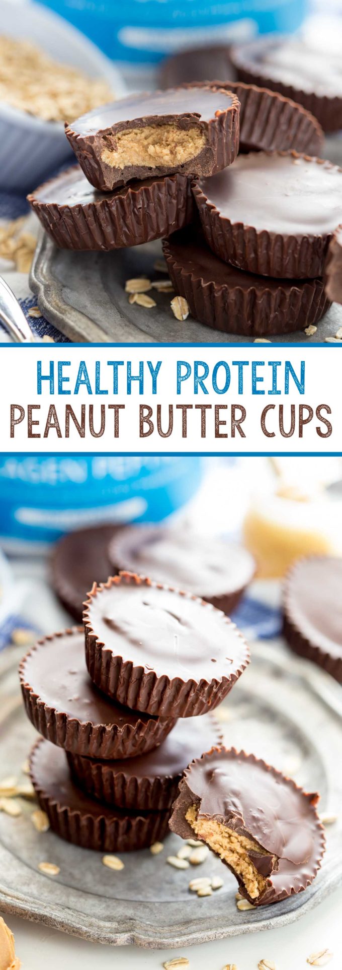 homemade delicious and healthy peanut butter cups. Rich dark chocolate, creamy peanut butter filling, and a healthy serving of protein per peanut butter cup