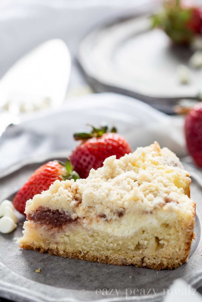 Coffee cake for breakfast, it's so delicious, this has white chocolate and strawberries. 