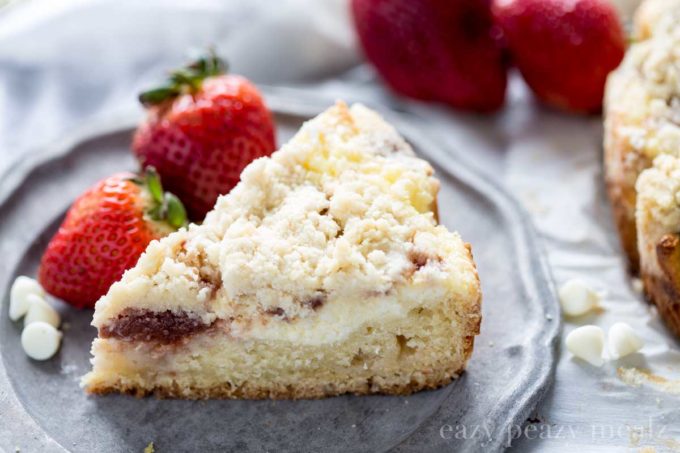 white chocolate strawberry coffee cake makes a great breakfast or dessert, this coffee cake will melt in your mouth