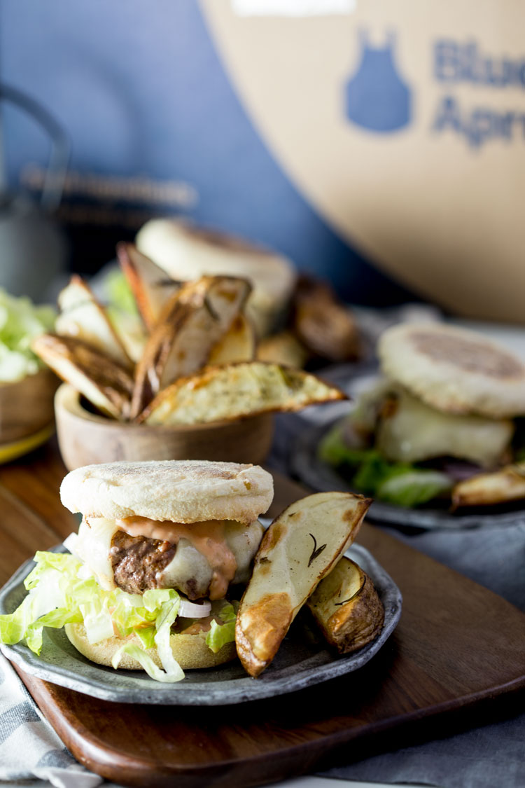 Swiss Cheeseburgers on English Muffins with Rosemary Roasted Potato Wedges, Blue Apron Recipe