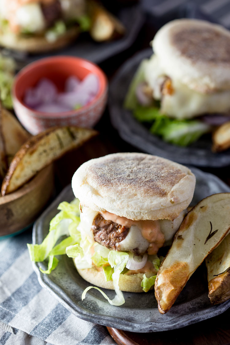 Swiss Cheeseburgers on English Muffins with Rosemary Roasted Potato Wedges, Blue Apron Recipe