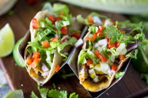 Black bean tacos with corn, tomatoes, etc.