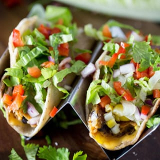 Black bean tacos with corn, tomatoes, etc.