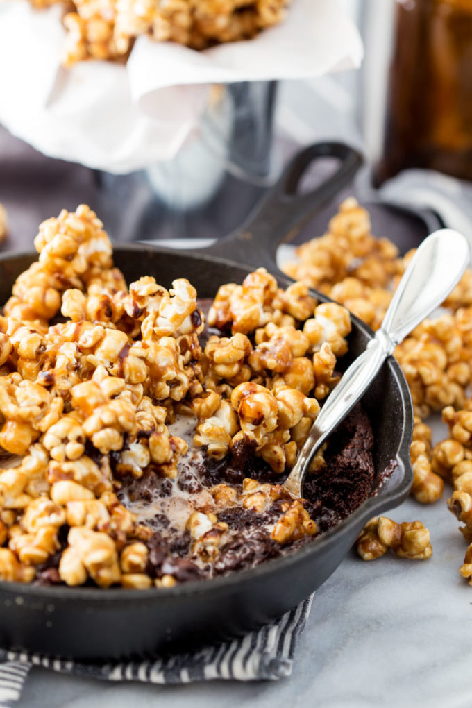 caramel corn with a brownie skillet is a deliciously sweet dessert 