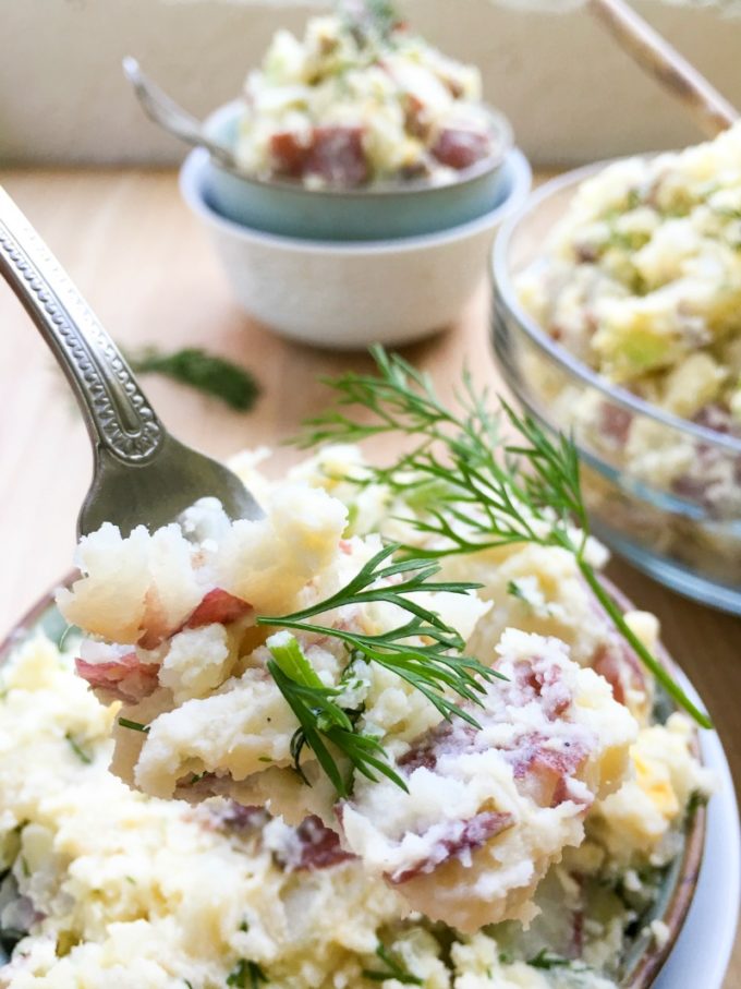 Red Bliss Potato Salad Dill: Crisp celery, onion, Dijon mustard, eggs, and fresh dill gives it a satisfying crunch and flavor and enough to feed a hungry crowd.