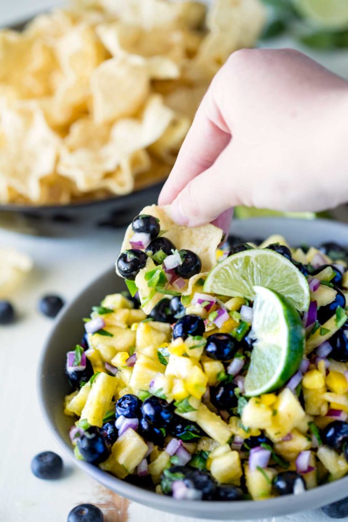 Chips and blueberry pineapple fruit salsa
