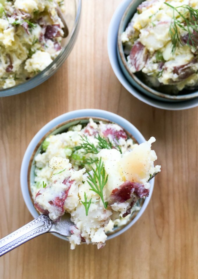 Red Bliss Potato Salad: Crisp celery, onion, Dijon mustard, eggs, and fresh dill gives it a satisfying crunch and flavor and enough to feed a hungry crowd.