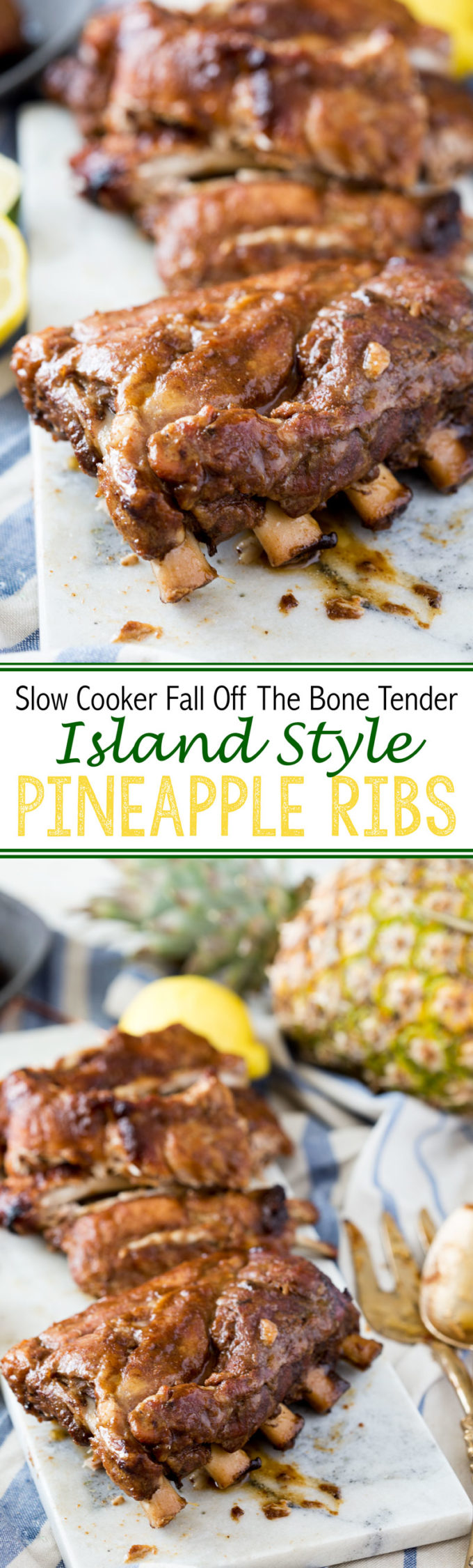 Fall off the bone tender island style pineapple BBQ pork ribs cooked in the slow cooker
