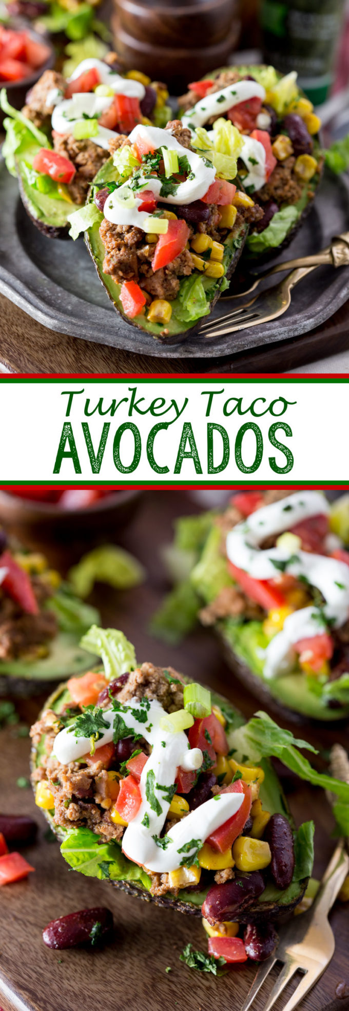 Turkey Taco Avocados, stuffed avocados with ground turkey, beans, corn, etc.