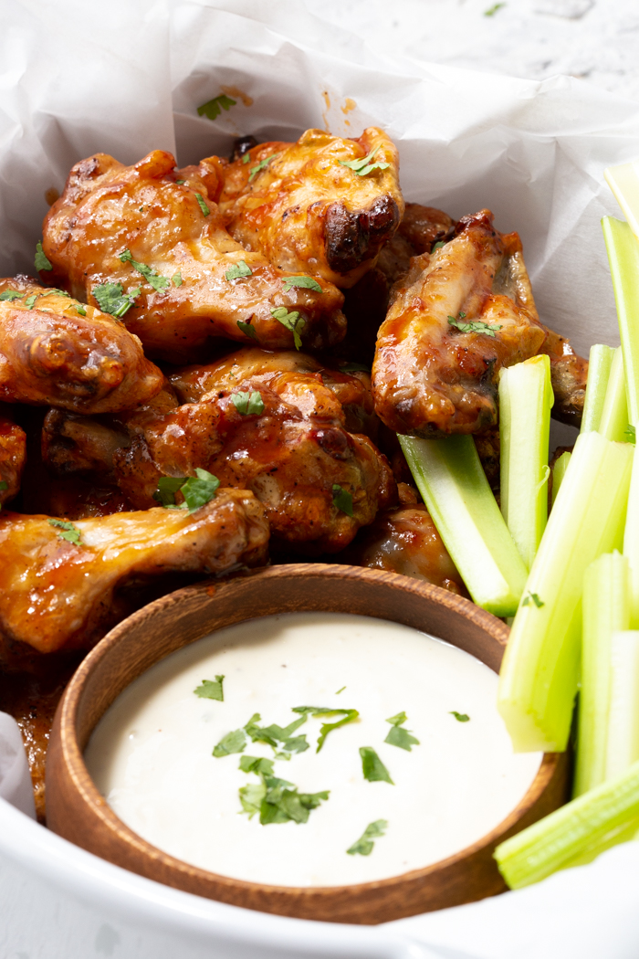 A baket full of air fryer wings, crispy, delicious and easy