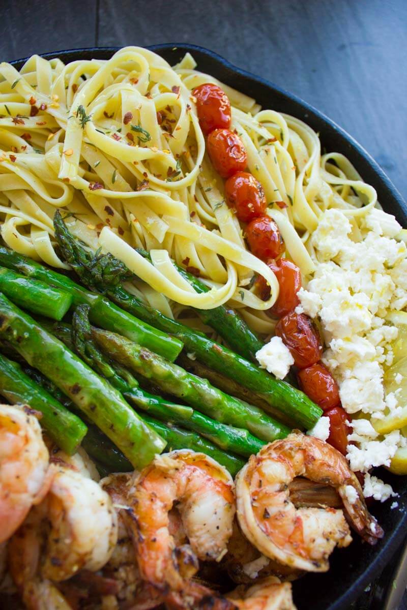 Garlicky Pasta with Grilled Shrimp & Asparagus