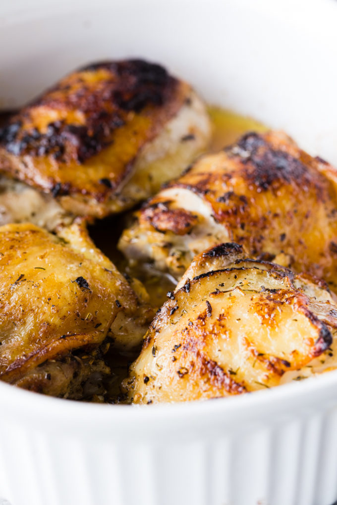 Delicious baked chicken thighs roasted in the oven