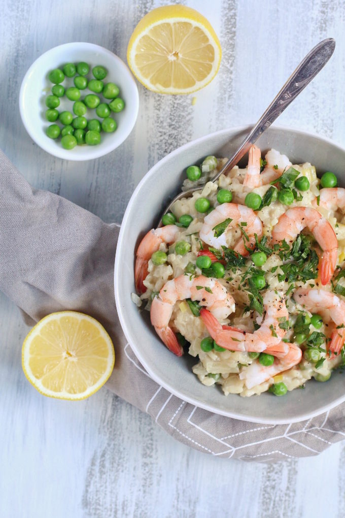 Baked Shrimp Pea and Lemon Risotto