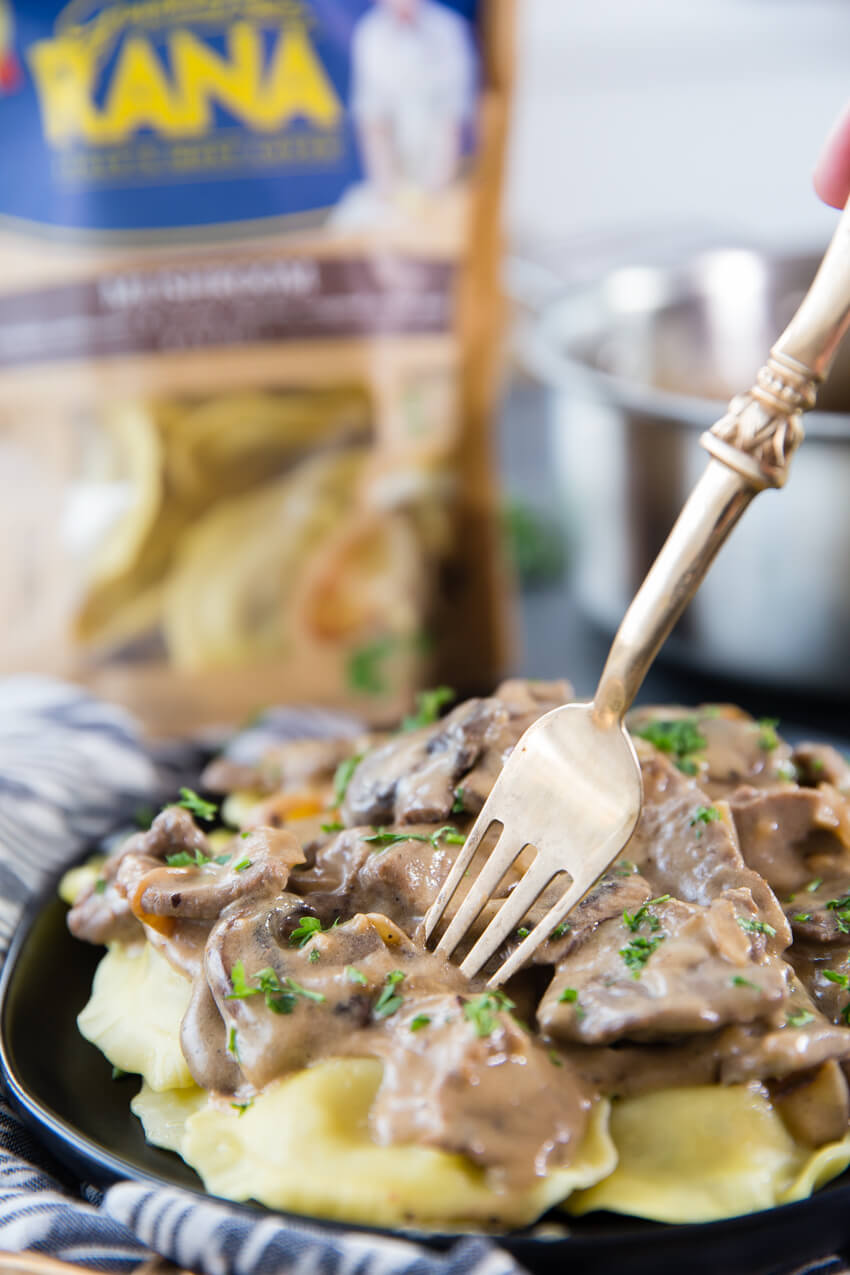 Beef and Mushroom Ravioli Stroganoff with delicious sauce