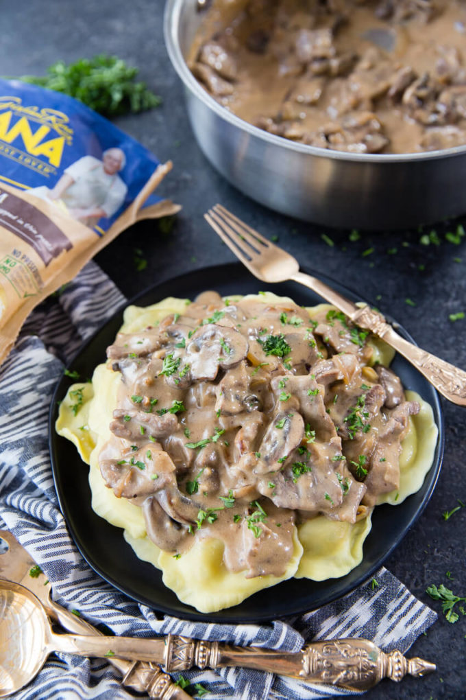 Beef and Mushroom Ravioli Stroganoff with delicious sauce