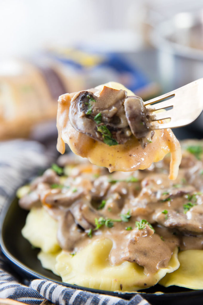 Beef and Mushroom Ravioli Stroganoff with delicious sauce