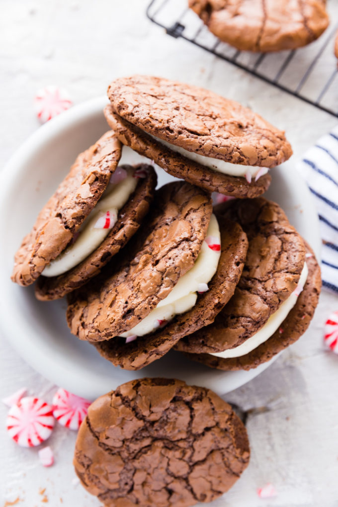 Brownie cookie Sandwiches with a peppermint buttercream center