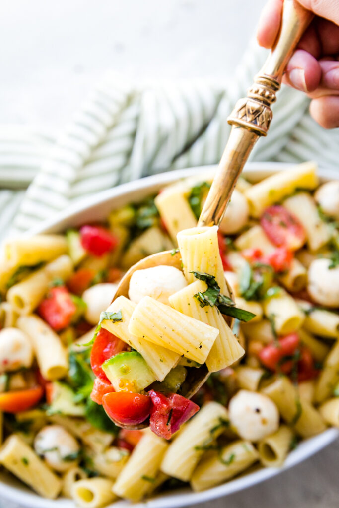 spoonful of caprese pasta salad