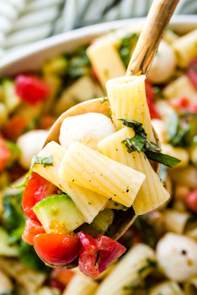 close up of pasta Caprese salad