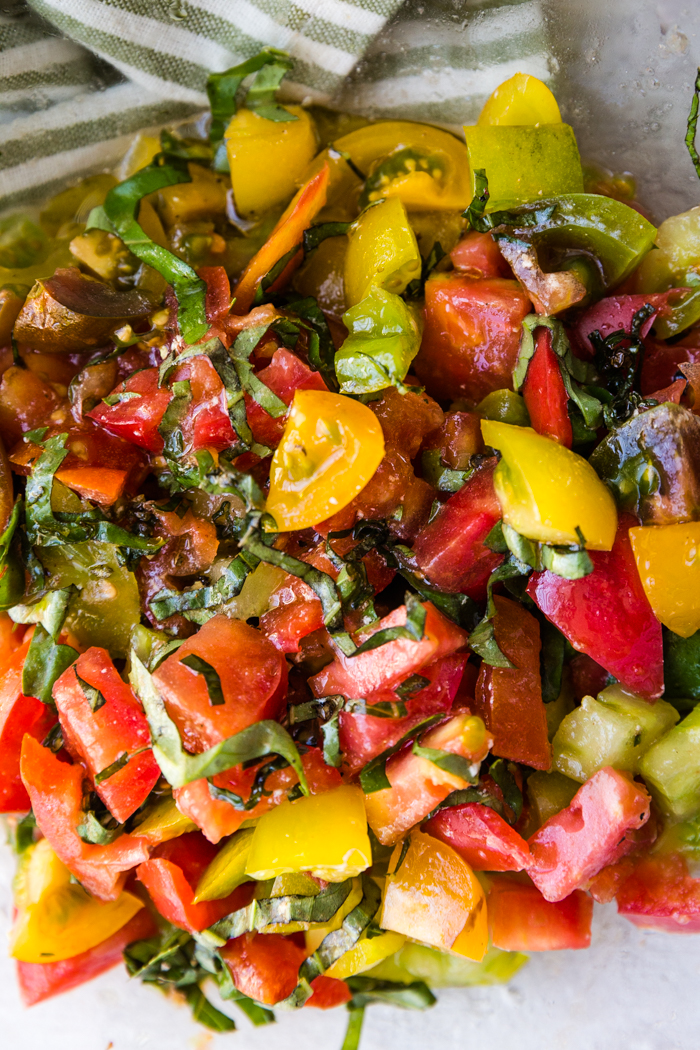 Caprese salad mixed together.