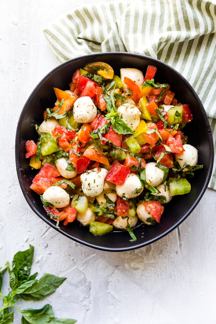 Caprese salad in a bowl.