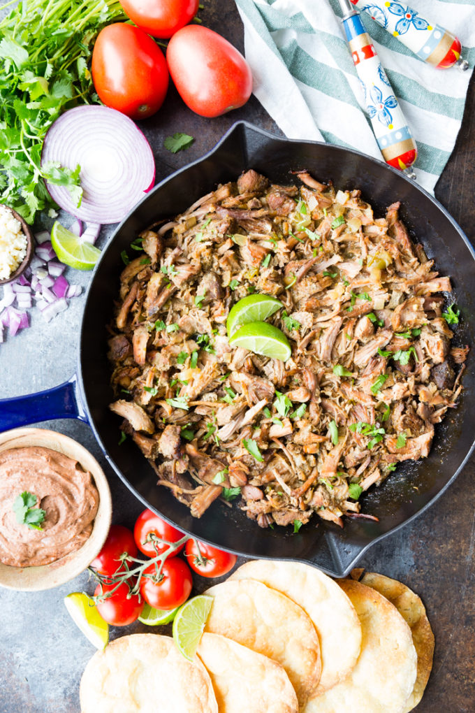 The perfect crispy carnitas with full flavor, and all the fixings for Carnitas Tostadas