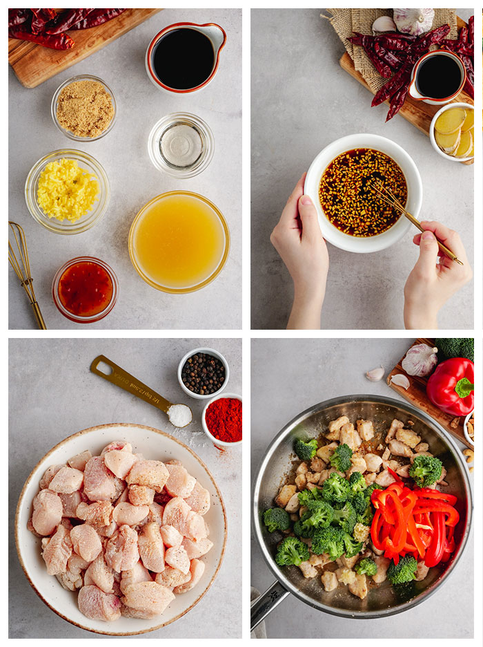 A grid of 4 photos showing what you need to make cashew chicken, the sauce ingredients are in portion cups, raw chicken with corn starch and spices, and a saute pan for cooking everything with some of the ingredients in it. 