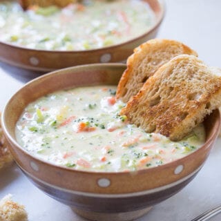 This deliciously creamy and cheesy broccoli soup is very easy to prepare at home. Prepared using fresh broccoli, carrot, and cheddar cheese.