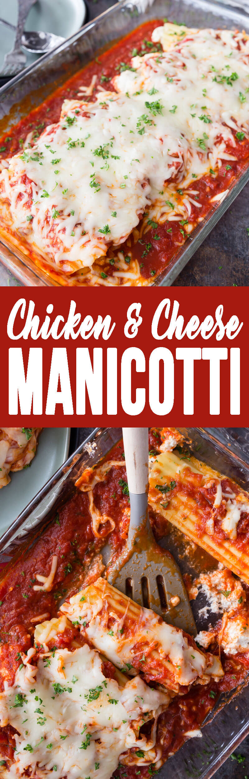 Chicken and Cheese Manicotti: Creamy herbed ricotta and shredded chicken stuffed manicotti topped with Parmigiano-Reggiano marinara sauce, mozzarella cheese, and fresh herbs! This is a great weeknight meal.