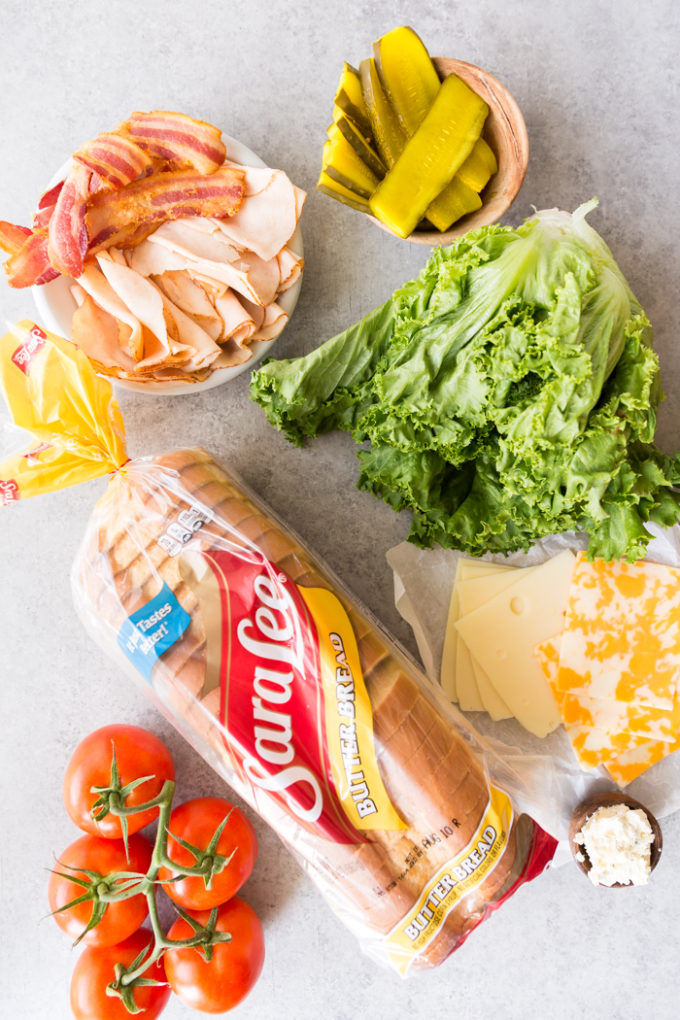 Easy chicken club sandwich ingredients with Sara Lee butter bread