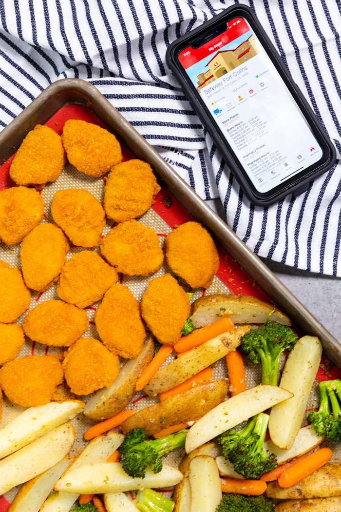 Chicken nuggets and ranch potatoes and veggies on a sheet pan