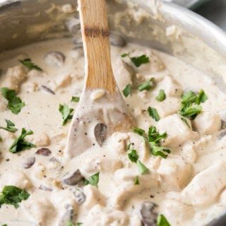 chicken stroganoff sauce and wooden spoon.