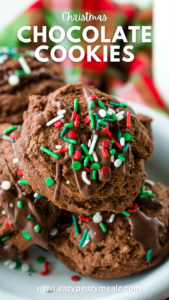 Chocolate Christmas Cookies, thick, rich, chewy cookies with a delightful chocolate peppermint drizzle and fun holiday sprinkles.