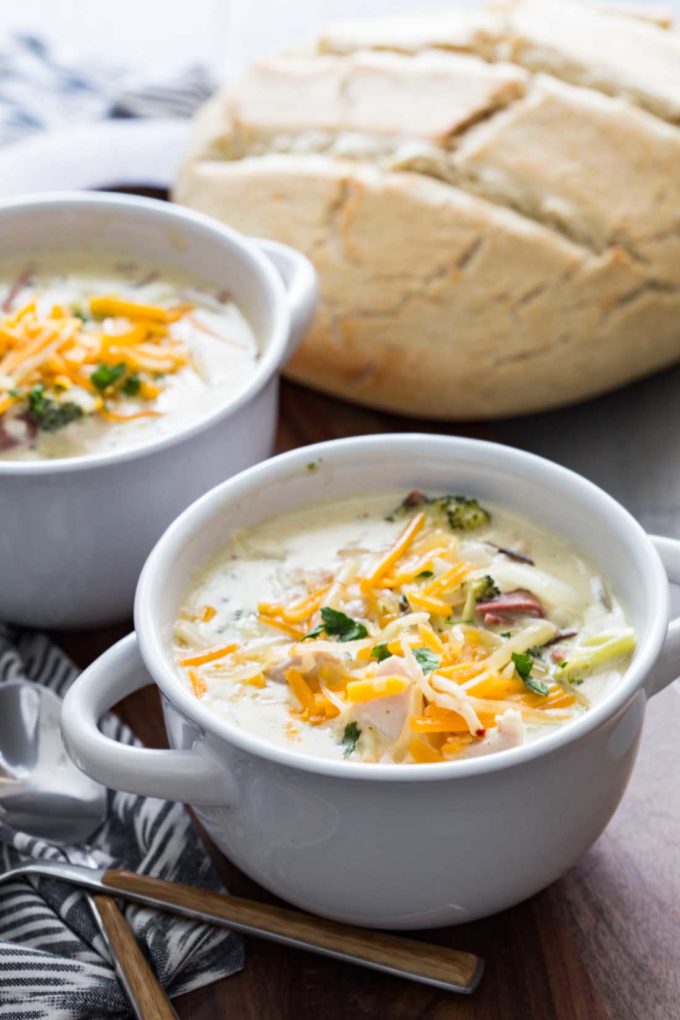 Creamy wild rice and chicken broccoli soup with bacon and cheddar cheese