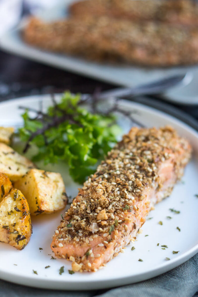 Baked Salmon Fillets: Infused with nutty dukkah flavors, the Salmon is fancy enough to serve to any company, with no more than a few of your favorite sides.