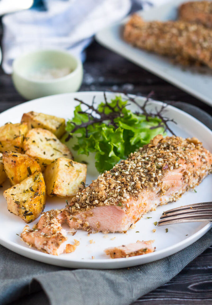 Baked Salmon Fillets: Infused with nutty dukkah flavors, the Salmon is fancy enough to serve to any company, with no more than a few of your favorite sides.