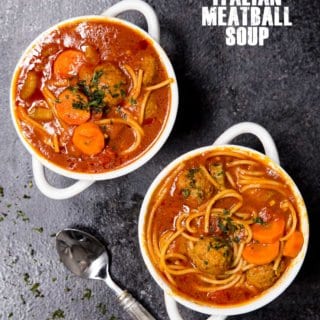 Italian Meatball Soup, a classic tomato based soup stuffed with savory meatballs, noodles, and veggies.