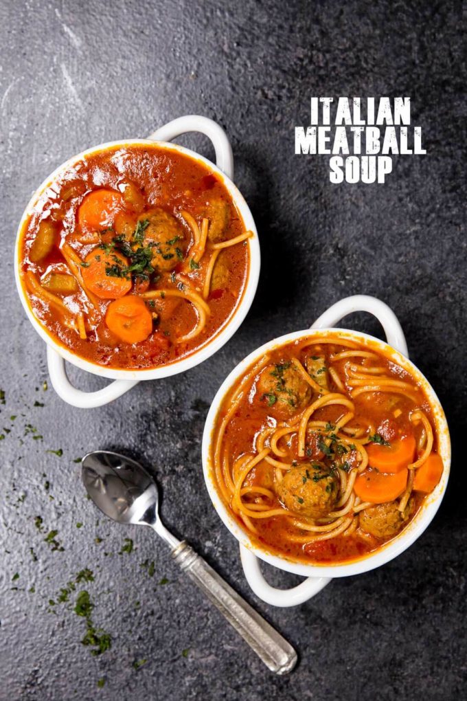 Italian Meatball Soup, a classic tomato based soup stuffed with savory meatballs, noodles, and veggies. 