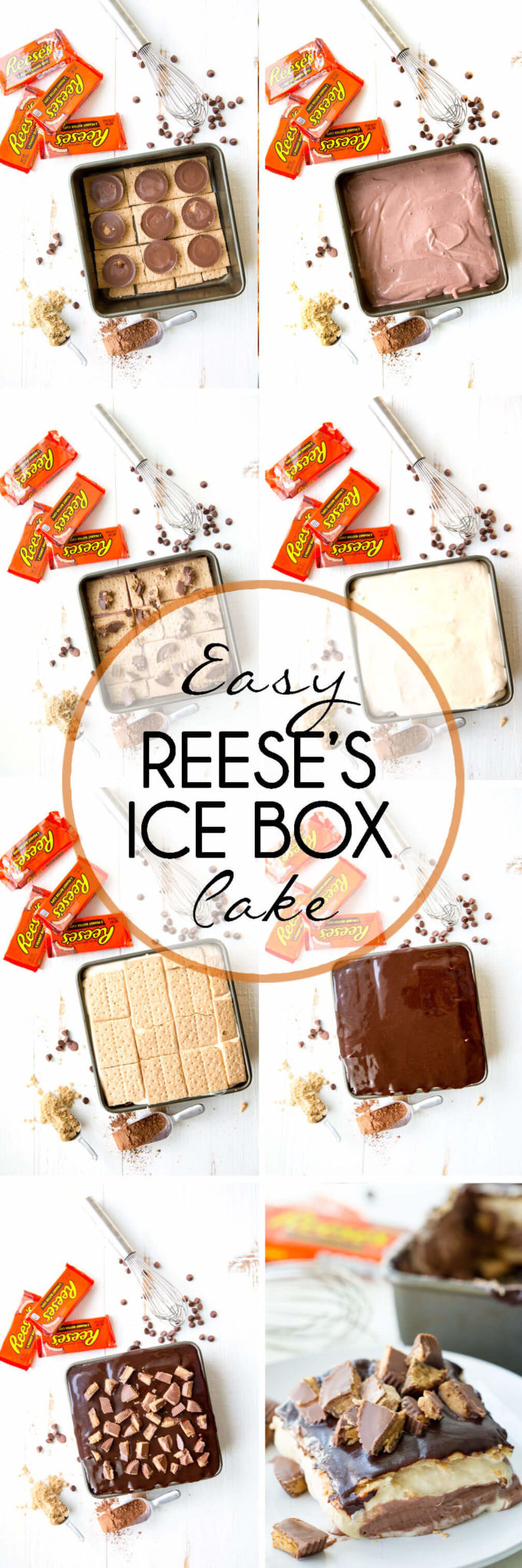 Reese's Ice Box Cake, layers of sweets covered in hot fudge sauce and peanut butter goodness